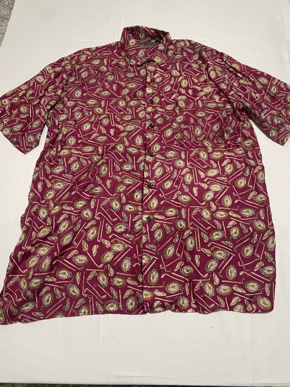 Robert Stock Men's M Silk Shirt Burgundy Golf Print Short Sleeve Vintage